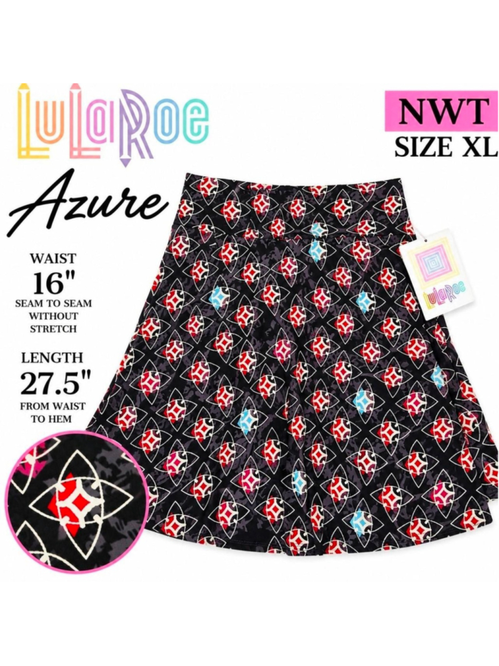 LuLaRoe Azure Black Geometric A-Line Skirt NWT XL